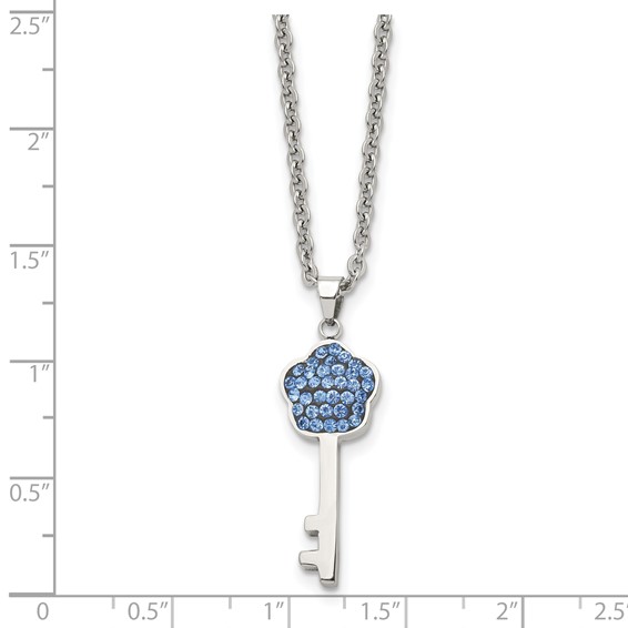 Stainless Steel Polished Blue Crystal Flower Key18 inch Necklace