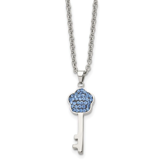 Stainless Steel Polished Blue Crystal Flower Key18 inch Necklace
