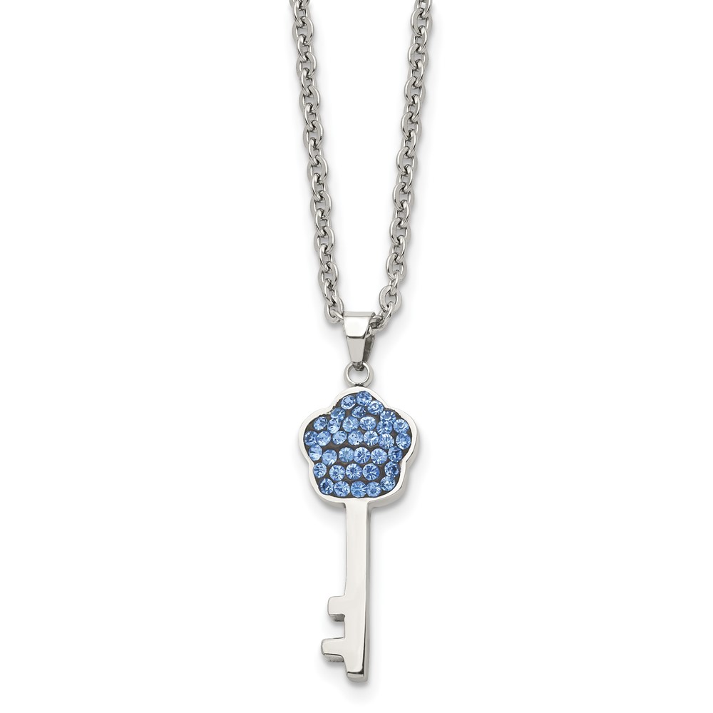Stainless Steel Polished w/Blue Crystal Flower Key 18in Necklace