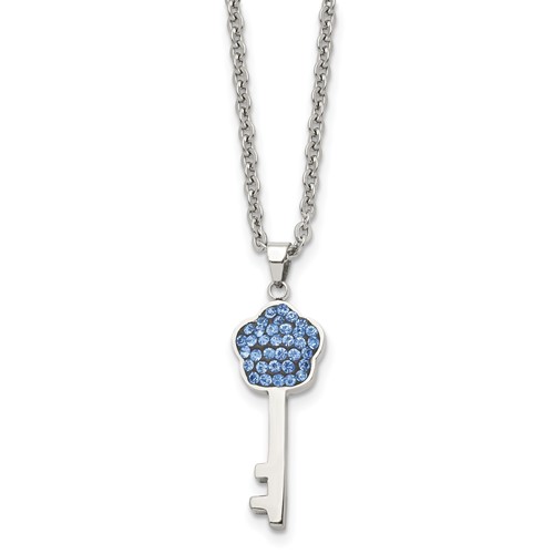Stainless Steel Polished Blue Crystal Flower Key 18 Inch Necklace