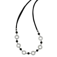 Stainless Steel Polished Necklace with Black Agate with Ext Leather Cord, 1.5" view 2