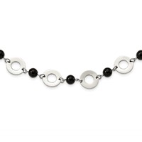 Stainless Steel Polished Necklace with Black Agate with Ext Leather Cord, 1.5" view 1