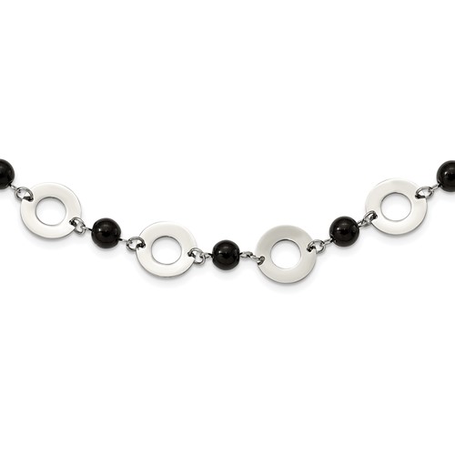 Stainless Steel Polished Necklace with Black Agate with Ext Leather Cord, 1.5"