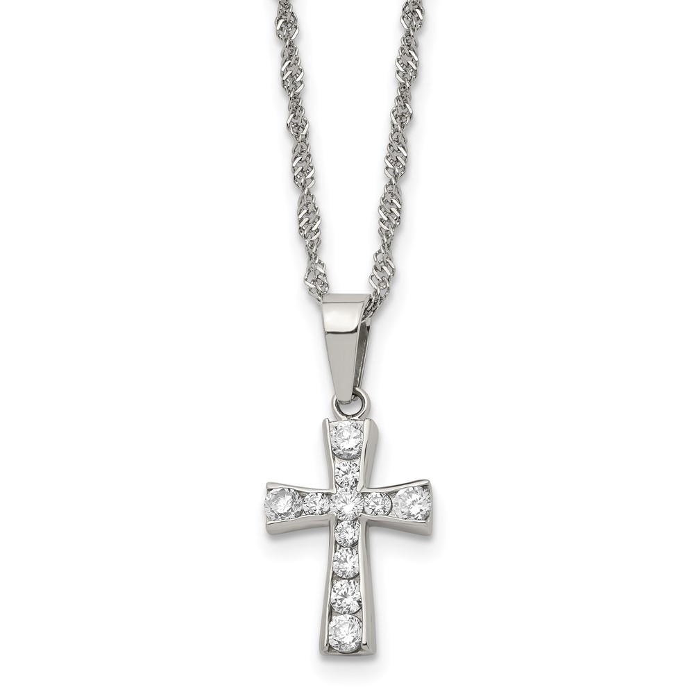 Stainless Steel Polished w/CZ Cross 18in Necklace