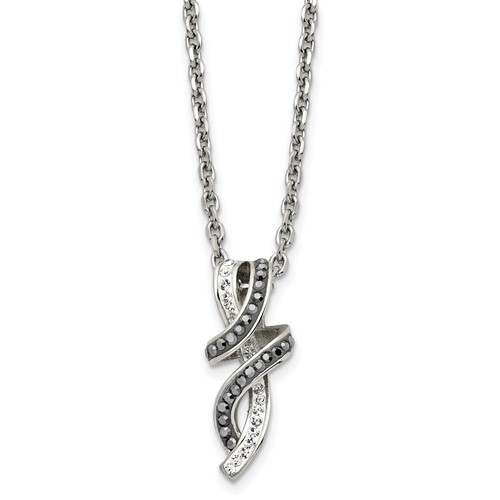 Chisel Stainless Steel Polished Black and White Crystal Fancy Twisted Pendant on an Cable Chain Necklace, 18"