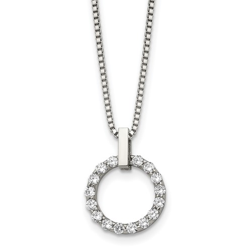 Chisel Stainless Steel Polished CZ Open Circle Pendant on an Box Chain Necklace, 18"