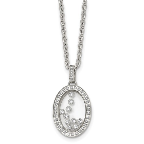 Stainless Steel Polished Necklace with Moving CZ Floating in Glass Oval, 18"