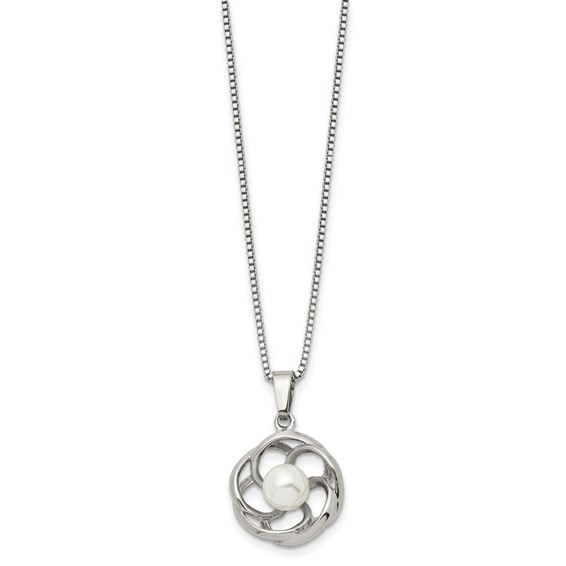 Chisel Stainless Steel Polished with Freshwater Cultured Pearl Flower Pendant on an 18 inch Box Chain Necklace
