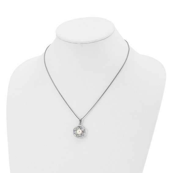 Chisel Stainless Steel Polished with Freshwater Cultured Pearl Flower Pendant on an 18 inch Box Chain Necklace