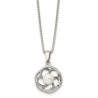 Chisel Stainless Steel Polished Necklace with Freshwater Cultured Pearl Flower Pendant on an Box Chain, 18" view 1