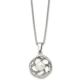 Chisel Stainless Steel Polished with Freshwater Cultured Pearl Flower Pendant on an 18 inch Box Chain Necklace