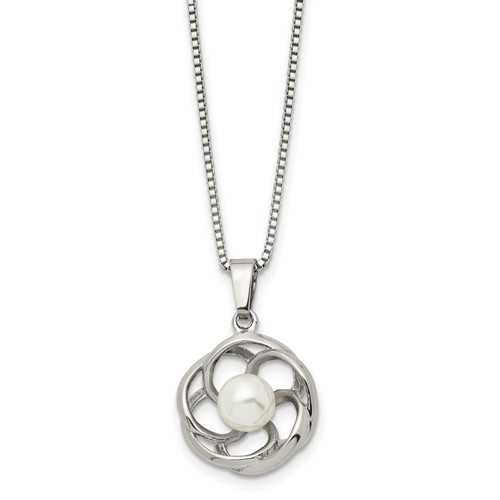 Chisel Stainless Steel Polished Necklace with Freshwater Cultured Pearl Flower Pendant on an Box Chain, 18"