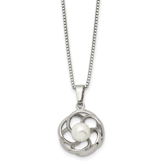 Chisel Stainless Steel Polished with Freshwater Cultured Pearl Flower Pendant on an 18 inch Box Chain Necklace