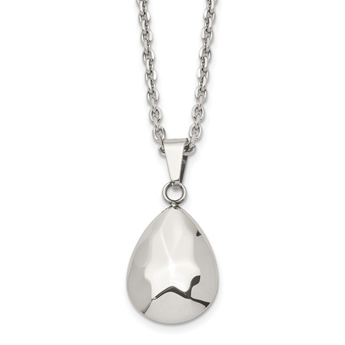 Stainless Steel Polished Hammered Hollow Teardrop Puff Necklace, 18"