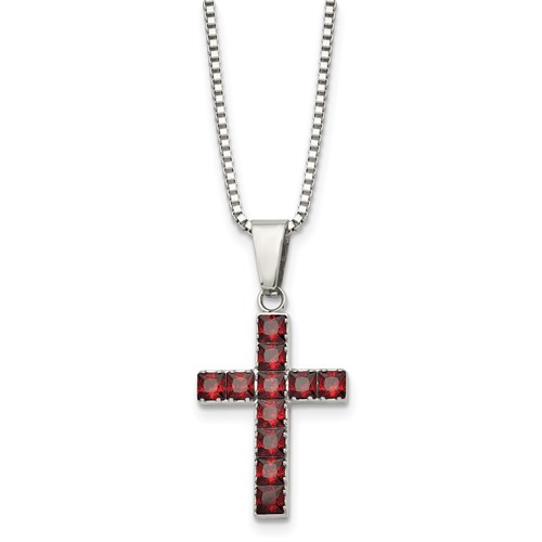 Chisel Stainless Steel Polished Necklace with Red Square CZ Cross Pendant on an Box Chain, 18"
