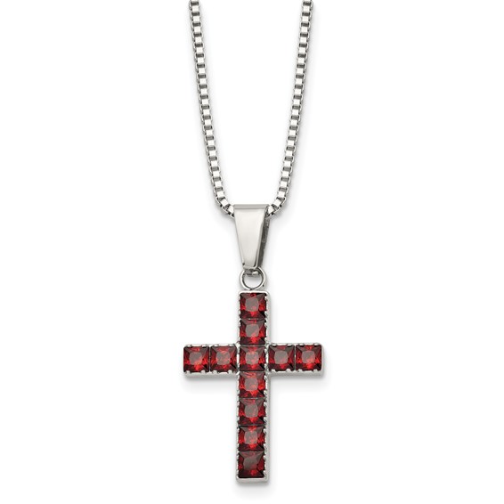 Chisel Stainless Steel Polished with Red Square CZ Cross Pendant on an 18 inch Box Chain Necklace