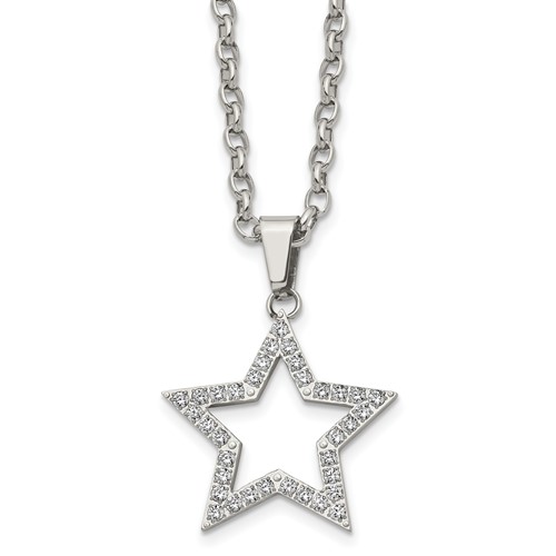 Stainless Steel Polished CZ Star Necklace, 18"