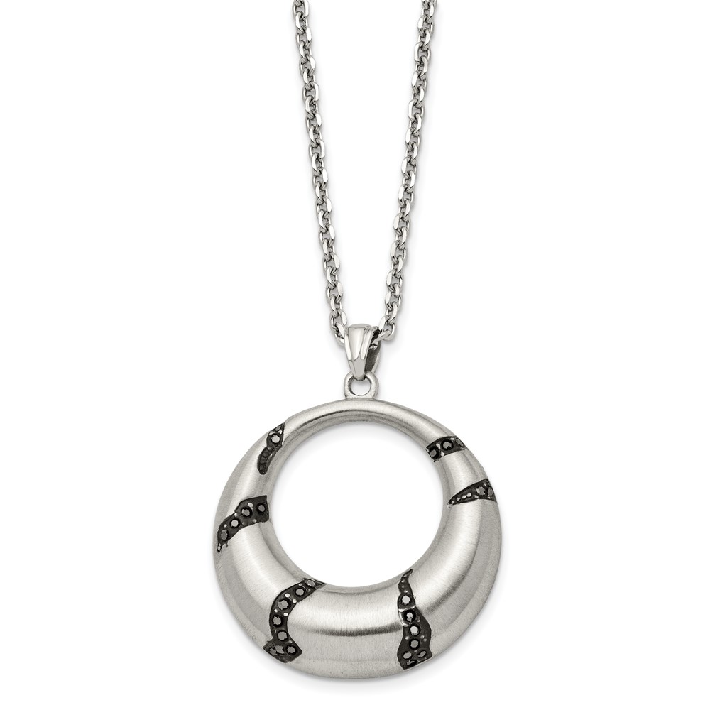 Stainless Steel Brushed Enameled w/Crystal Circle 20in Necklace