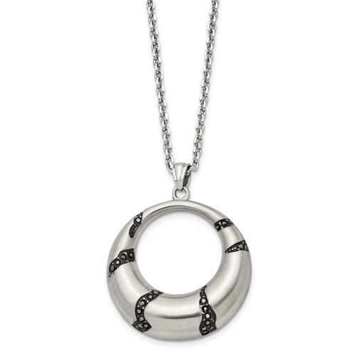 Stainless Steel Brushed Enameled Necklace with Crystal Circle, 20"