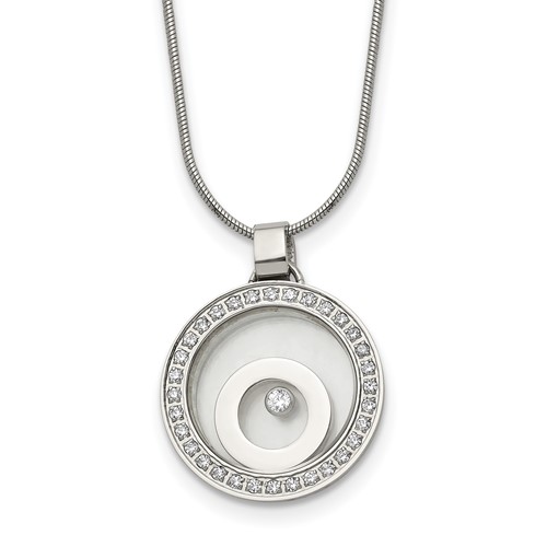 Stainless Steel Polished Necklace with Moving CZ Floating in Glass Circle