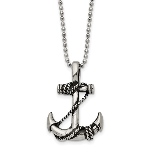 Chisel Stainless Steel Antiqued and Polished Anchorwiht Rope Pendant on a Ball Chain Necklace, 22"