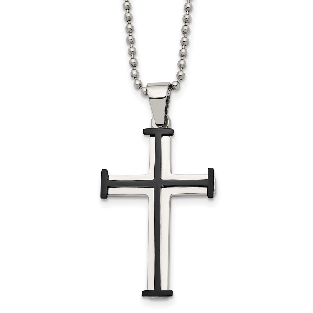 Stainless Steel Polished Black IP-plated Cross 22in Necklace