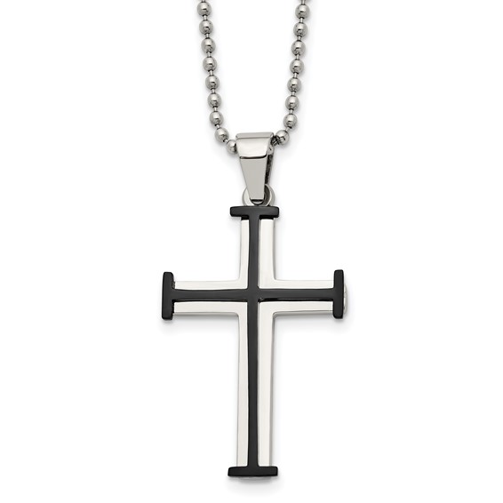 Chisel Stainless Steel Polished Black IP-plated Cross Pendant on a 22 inch Ball Chain Necklace