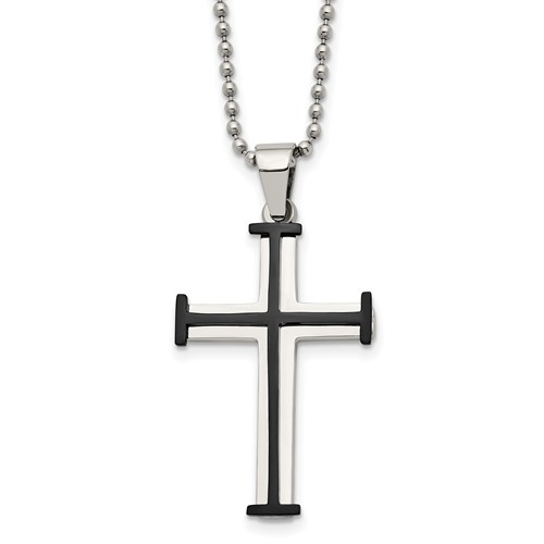 Chisel Stainless Steel Polished Black IP-plated Cross Pendant on a Ball Chain Necklace, 22"