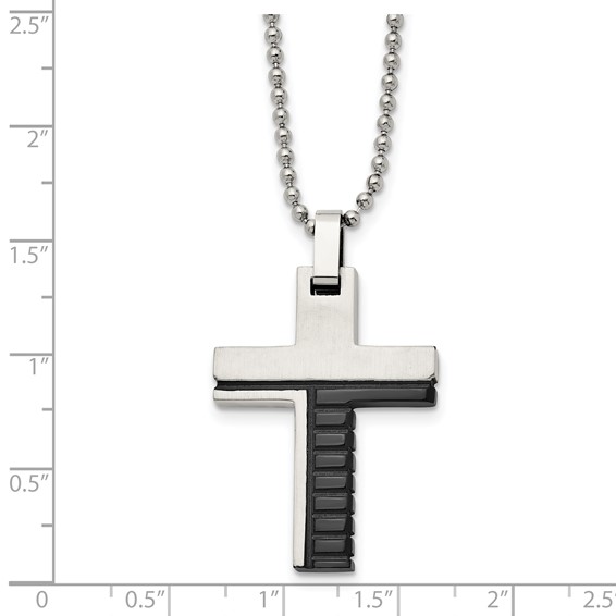 Stainless Steel Brushed and Polished Black IP-plated Cross 22in Necklace