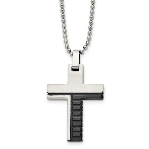Stainless Steel Brushed and Polished Black IP-plated Cross Necklace, 22"