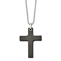 Stainless Steel Polished Solid Black Carbon Fiber Cross Necklace, 22" view 1
