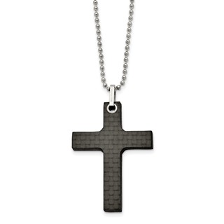 Stainless Steel Polished Solid Black Carbon Fiber Cross 22in Necklace