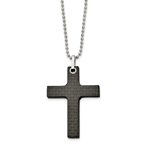Stainless Steel Polished Solid Black Carbon Fiber Cross Necklace, 22"