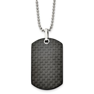 Stainless Steel 24in Polished Solid Black Carbon Fiber Dog Tag Necklace