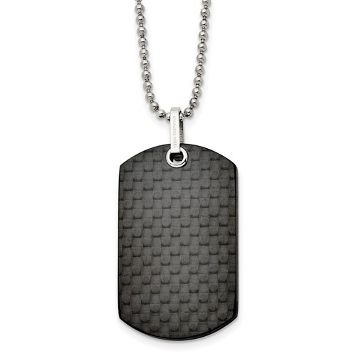 Stainless Steel Polished Solid Black Carbon Fiber Dog Tag Necklace, 24"