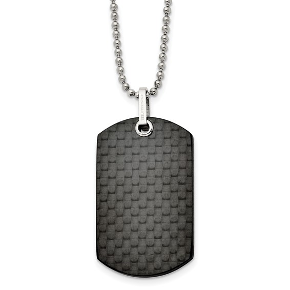 Stainless Steel 24in Polished Solid Black Carbon Fiber Dog Tag Necklace