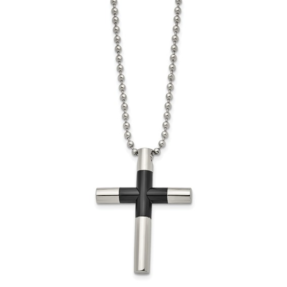 Stainless Steel Polished Black IP-plated Cross 22in Necklace