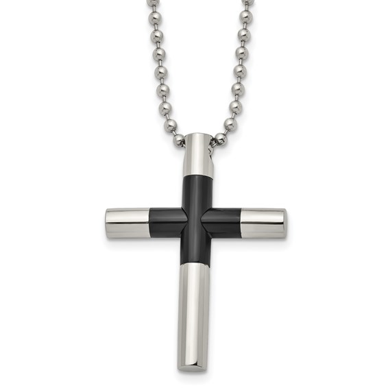 Stainless Steel Polished Black IP-plated Cross 22in Necklace