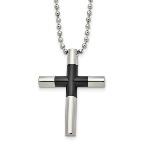 Stainless Steel Polished Black IP-plated Cross Necklace, 22"
