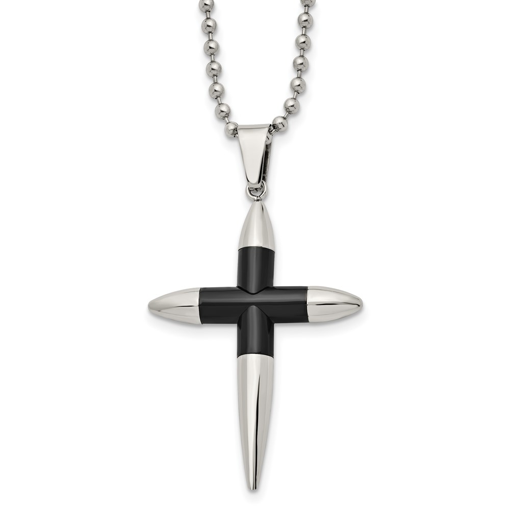 Stainless Steel Polished Black IP-plated Pointed Cross 22in Necklace