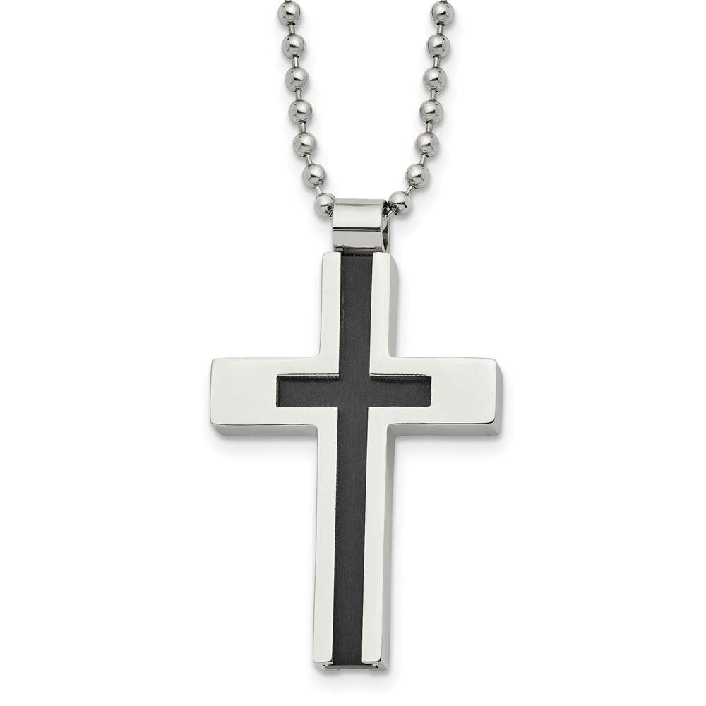 Stainless Steel Brushed and Polished Black IP-plated Cross 22in Necklace