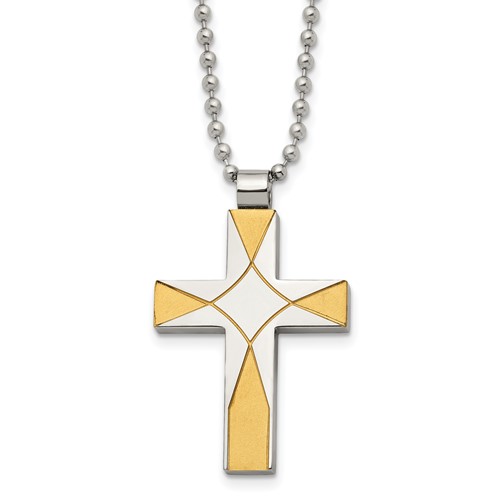 Chisel Stainless Steel Brushed and Polished Yellow IP-plated Cross Pendant on a Ball Chain Necklace, 22"