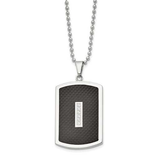 Stainless Steel Polished Necklace with CZ & Black Carbon Fiber Inlay, 22"