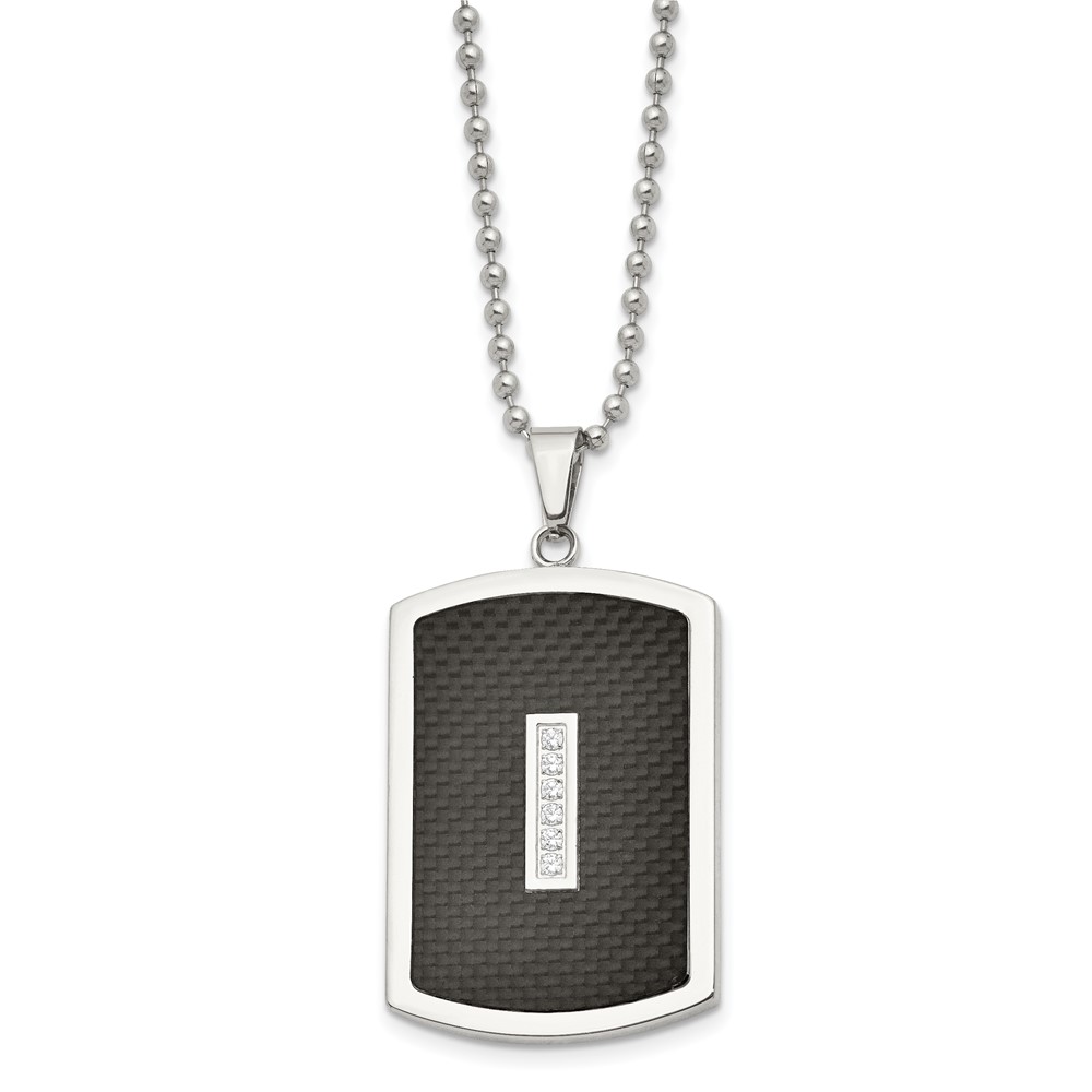 Stainless Steel 22in Polished w/CZ & Black Carbon Fiber Inlay Necklace