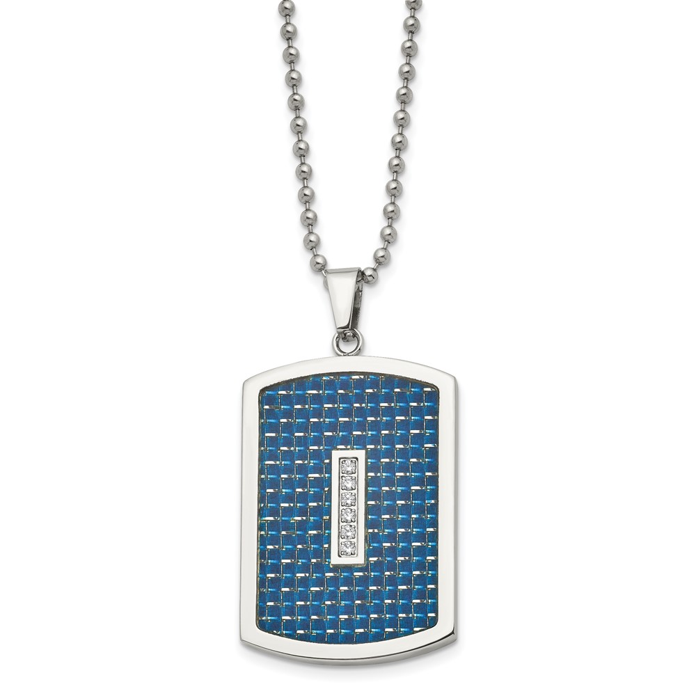 Stainless Steel Polished w/ CZ and Blue Carbon Fiber Inlay 22in Necklace