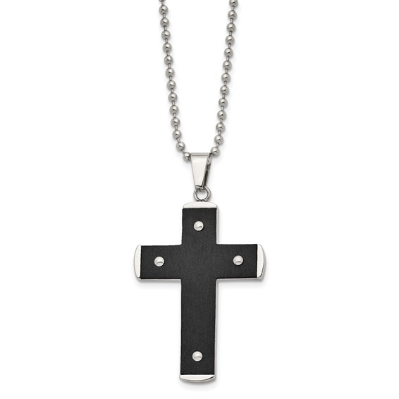 Stainless Steel Brushed and Polished Black IP-plated Cross 22in Necklace