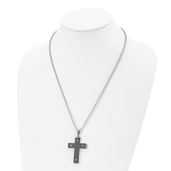 Stainless Steel Brushed and Polished Black IP-plated Cross 22in Necklace