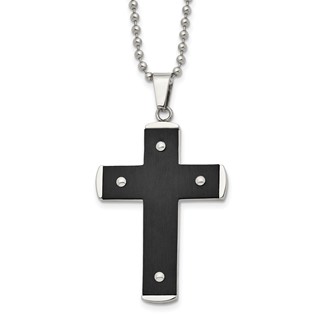 Stainless Steel Brushed and Polished Black IP-plated Cross 22in Necklace