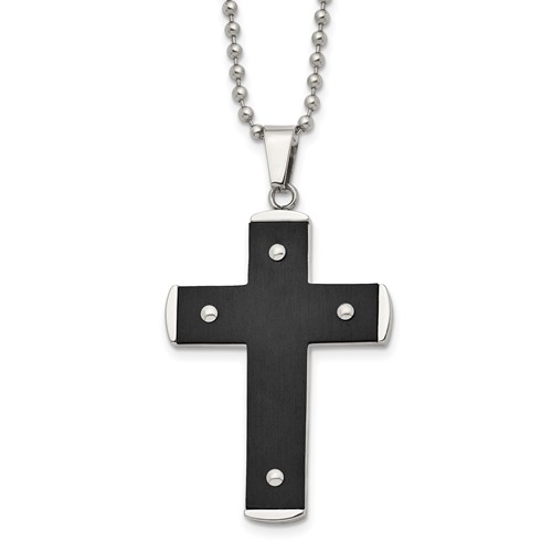Stainless Steel Brushed and Polished Black IP-plated Cross Necklace, 22"