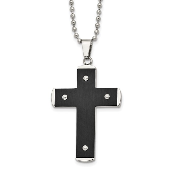 Stainless Steel Brushed and Polished Black IP-plated Cross 22in Necklace
